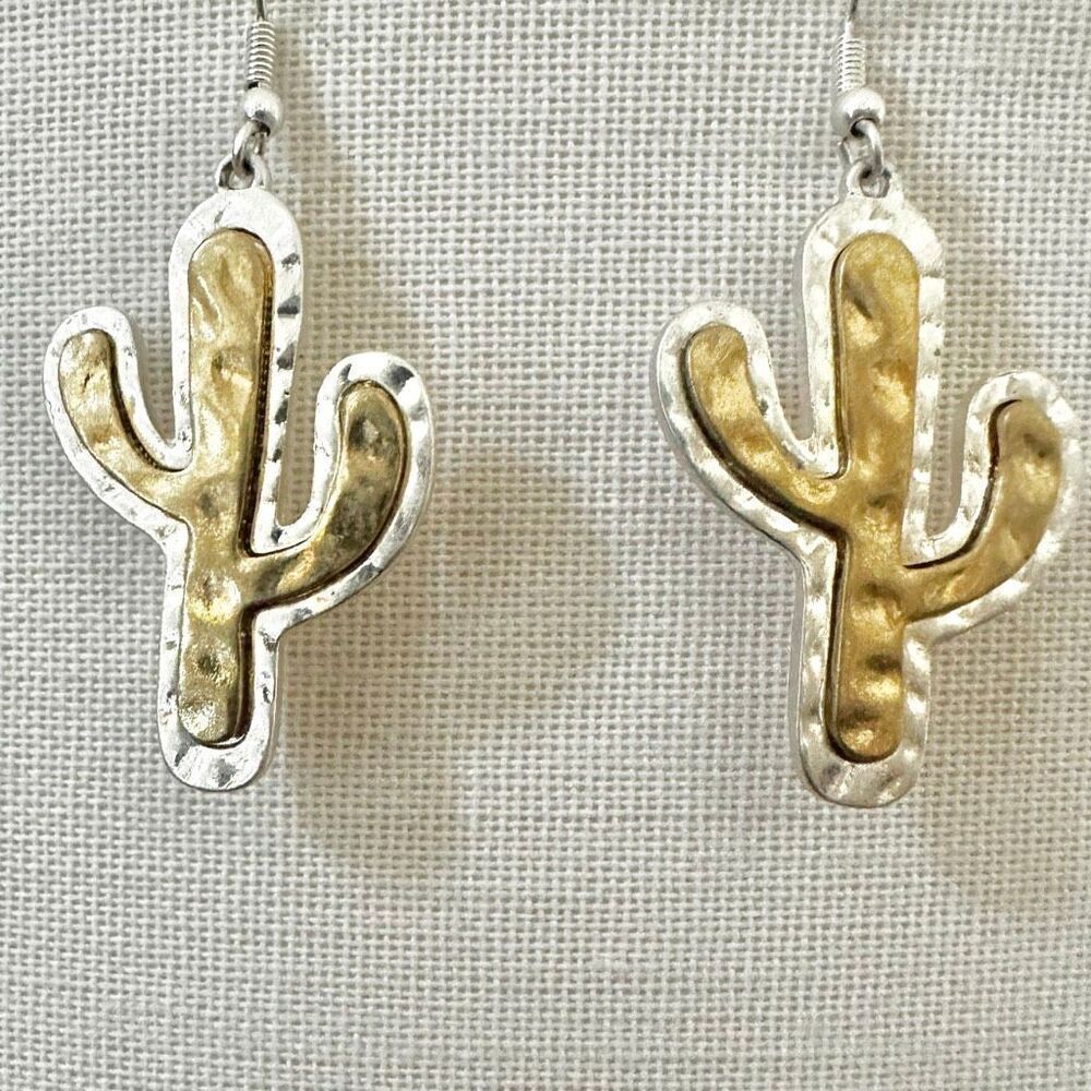 Southwestern Two-Tone Cactus Dangle Earrings